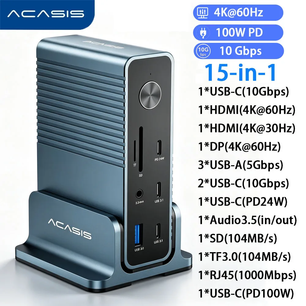 ACASIS 15‑in‑1 USB‑C Docking Station Triple Display Hub 4K@60Hz DP 4K HDMI 100W PD RJ45 SD TF Audio 3.5mm for MacBook Windows