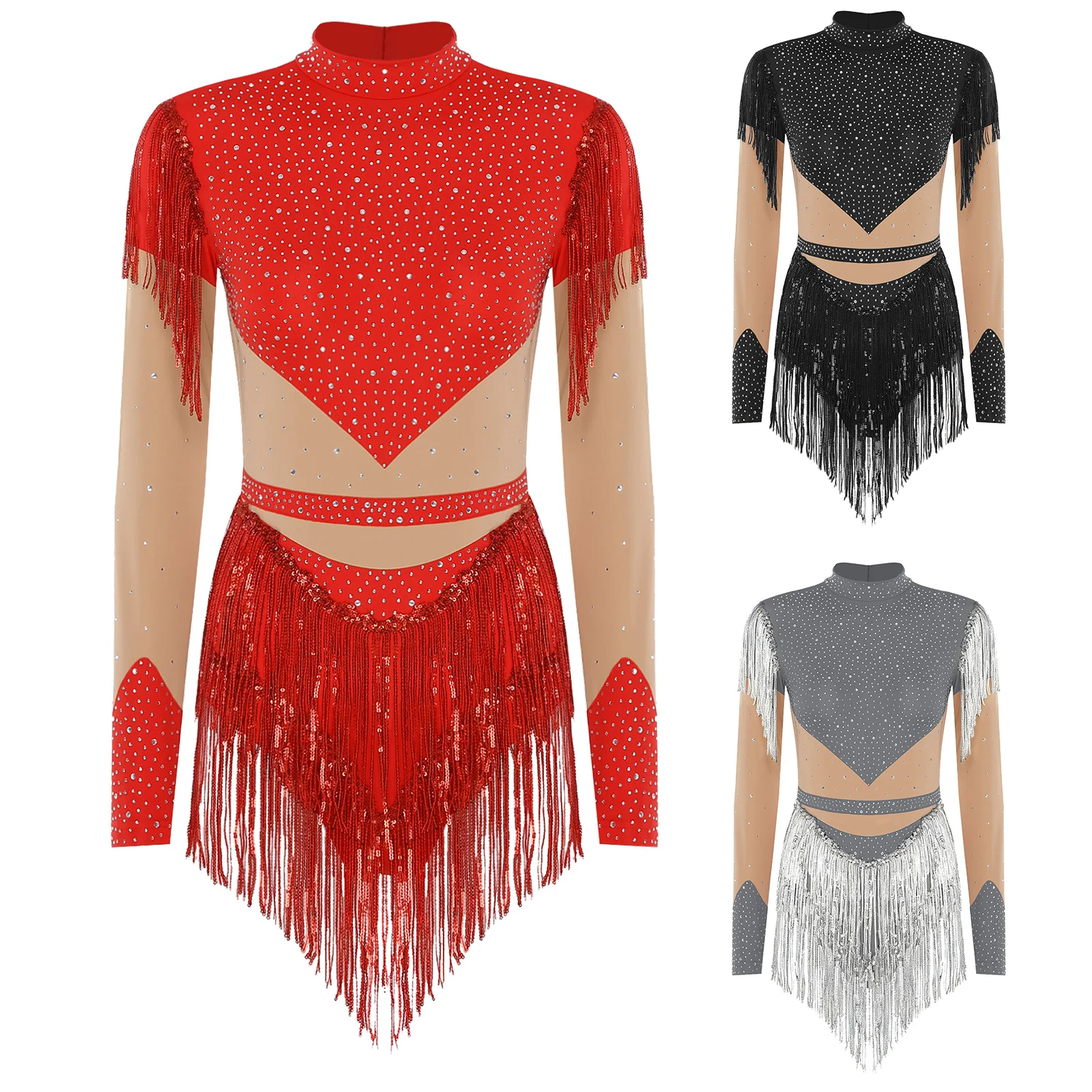 Dames kunstschaatspakje pailletten kwastje lange mouw te openen kruis ritssluiting aan de achterkant contrasterende kleur jumpsuit voor Latin Chacha dans