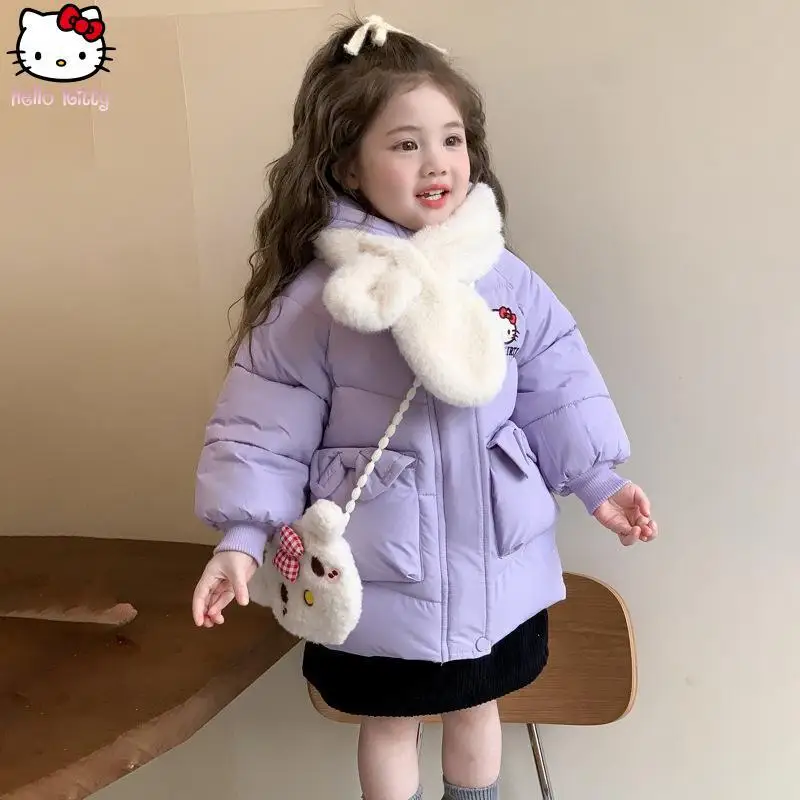 

Теплая хлопковая куртка с капюшоном для девочек «Hello Kitty», новая зимняя одежда с героями мультфильмов в стиле аниме, кавайная утолщенная одежда средней длины, обслуживание клиентов Sanrio