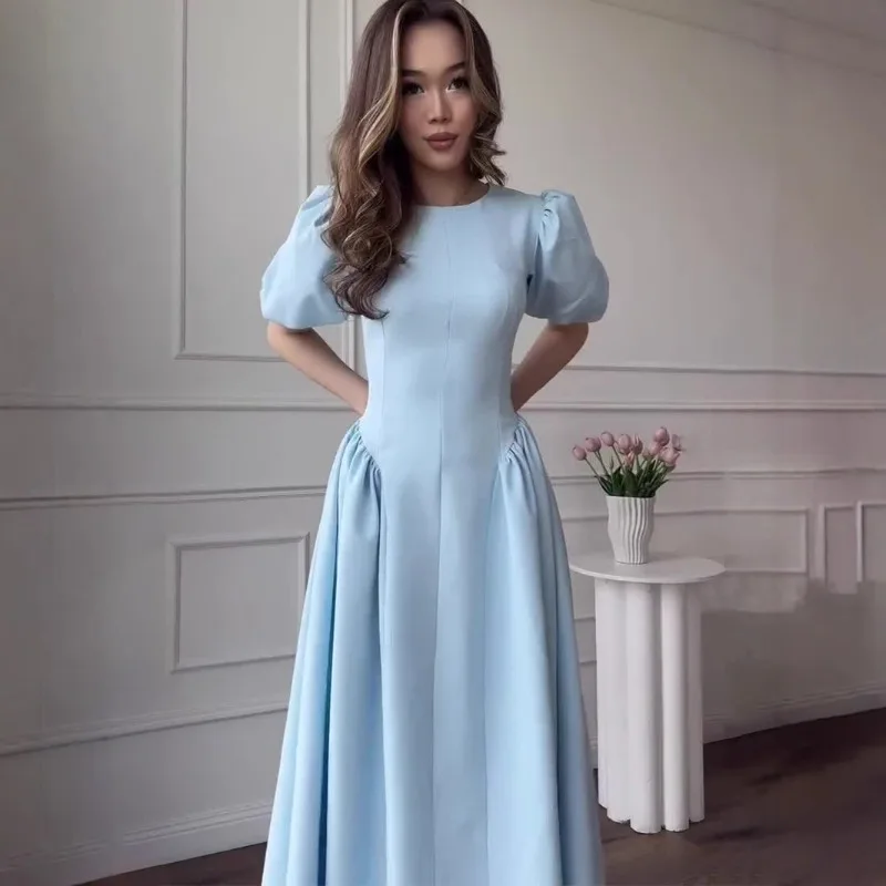 

Длинное женское платье для вечеринок, больших размеров, с пышными рукавами, круглым вырезом, однотонное, милое, весенне-летнее