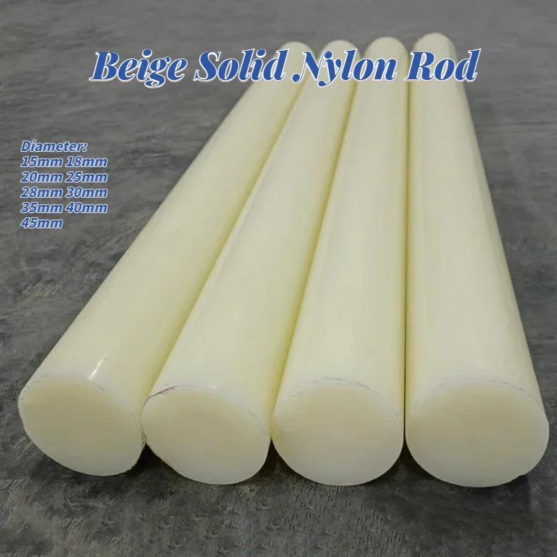Haste de Plástico Bege de Nylon Haste Redonda Resistente ao Desgaste Cilindro Sólido Diâmetro 1545 mm Comprimento de Processamento 500 mm Peça
