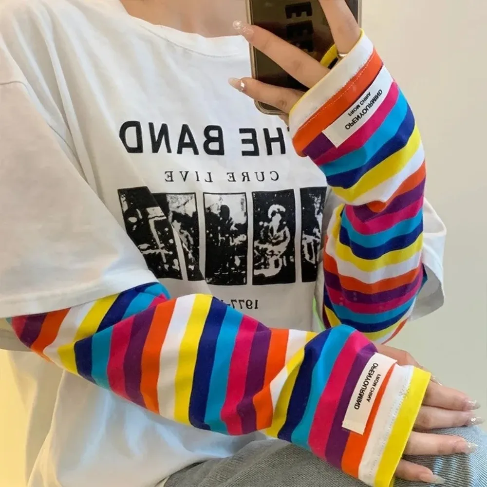 Y2k Color Strip Ice Arm Sleeve Loose Long UV Protection Arm Gloves Anti-sunburn Harajuku Stripe Ice Silk Sleeves Outdoor Sports