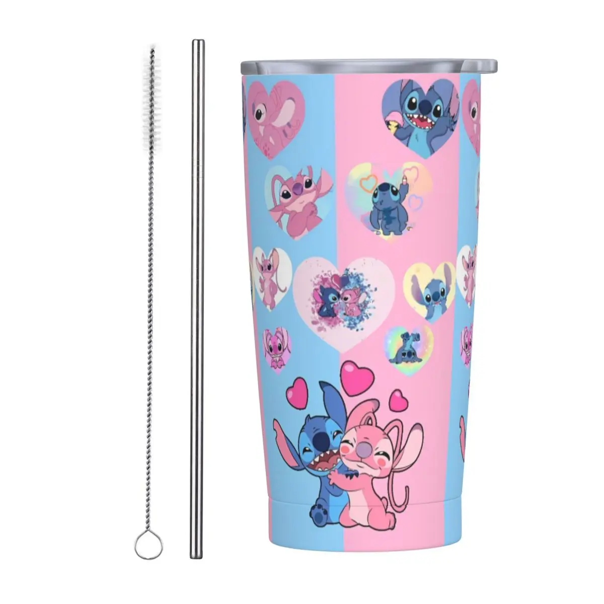 Stainless Steel Tumbler Kawaii Stitch And Angel Car Mugs With Straws Cartoon Comic Hot Drinks Water Bottle Large Thermal Cups