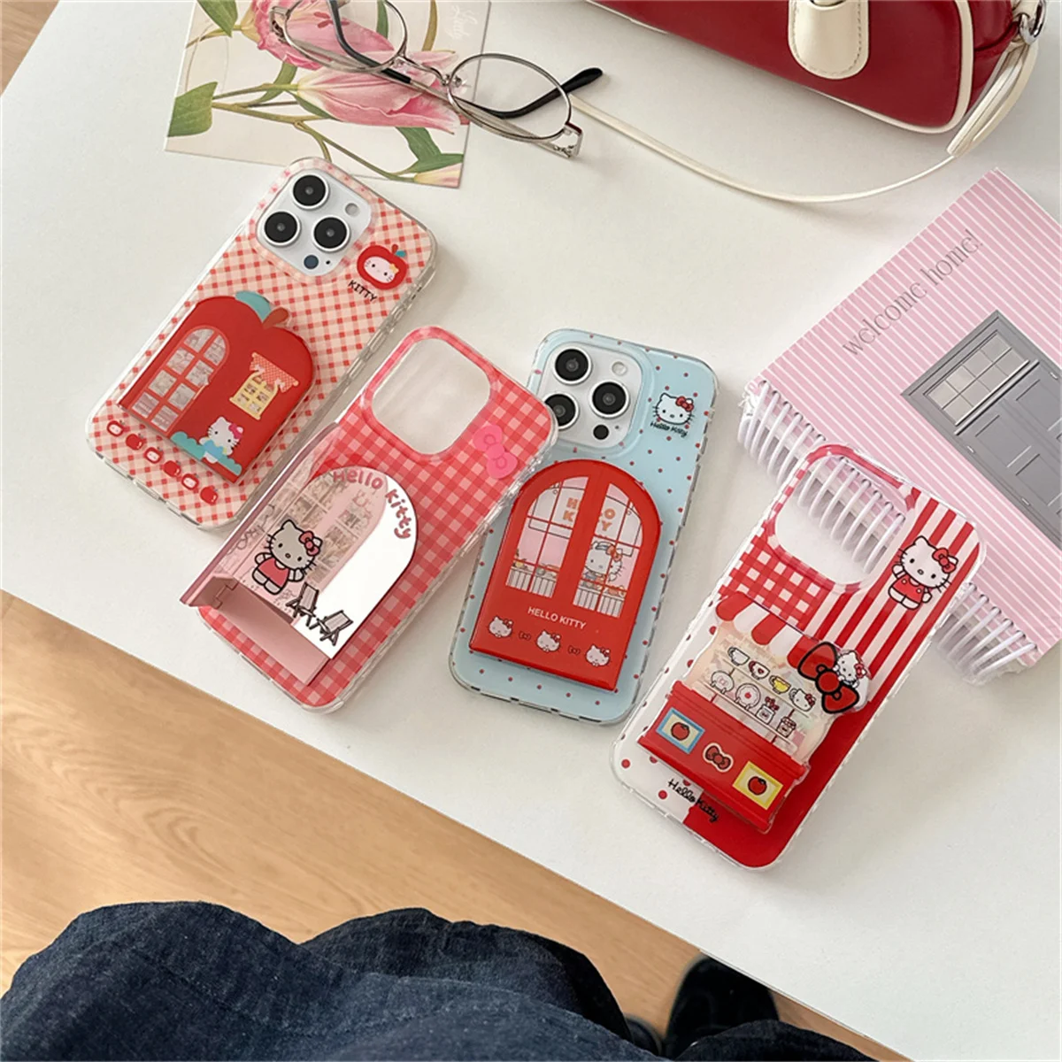 

Korean Plaid Pattern Cute Mirror Stand Phone Case For iPhone 15 Pro 14 16 Pro Max Back Cover Cartoon Protective Cases Funda