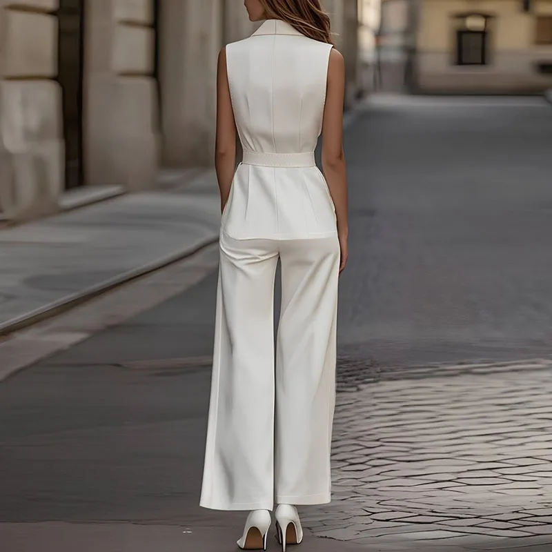 

Summer Sleeveless Suits Workwear Solid Elegant Two Piece Sets Women Fashion Turn-down Collar Belted Vest Top & Long Pants Outfit