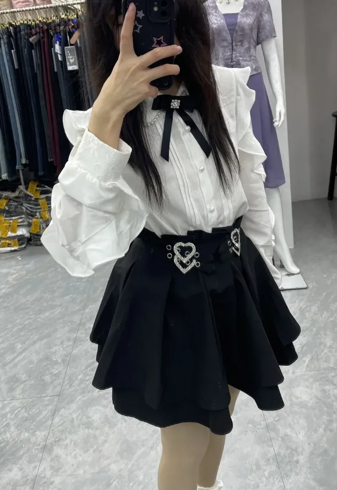 

Summer New Mine White Lapel White Long-sleeved Shirt + High-waisted Short Skirt Sweet Cute Versatile Two-piece Set for Girls