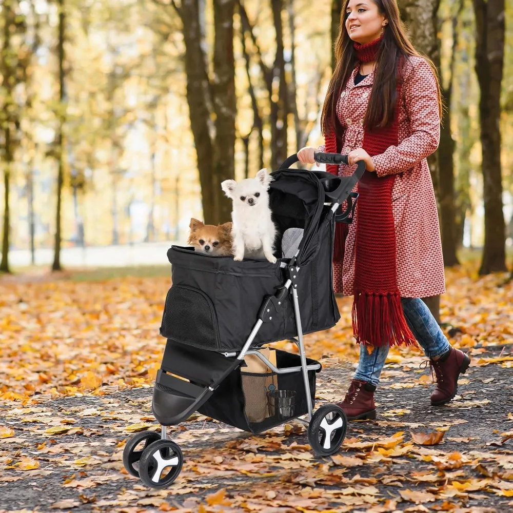 Foldable Pet Stroller for Cats and Dogs 3 Wheels Carrier Strolling Cart with Weather Cover, Storage Basket + Cup Holder