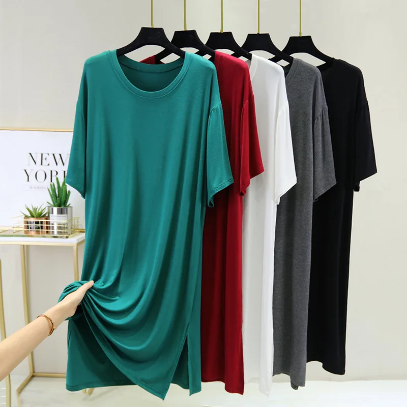 

Modal Nightwear Dress Thin Round Neck Nightie Bottoming Skirt Women Split Nightdress Short Sleeve Sleepwear A-line nightgowns