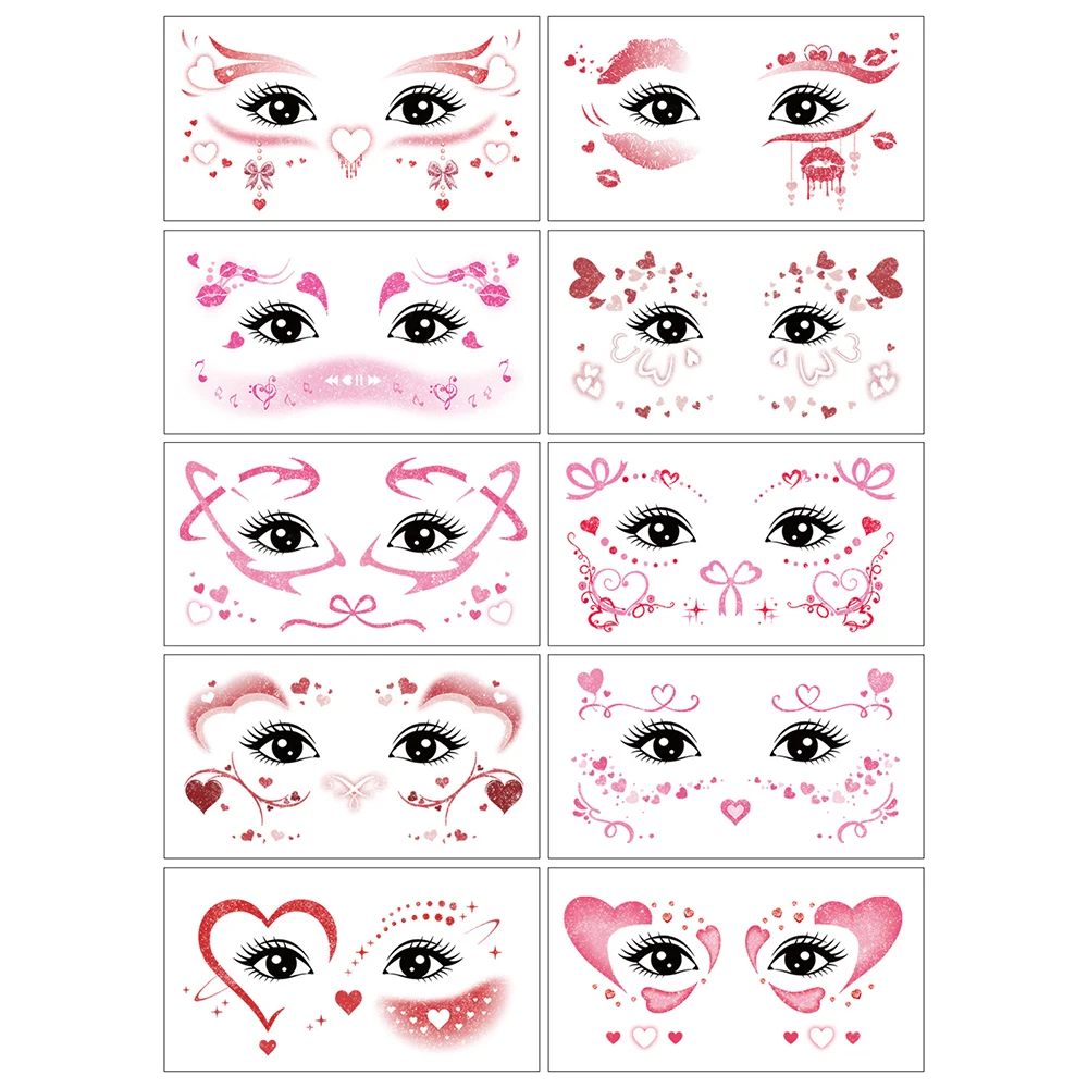 10 قطعة من ملصقات الوشم المؤقت اللامعة اللطيفة للفتيات مكياج الوجه الوردي الحب القلب شارات الوشم المزيفة لعيد الحب الاحتفالي DIY