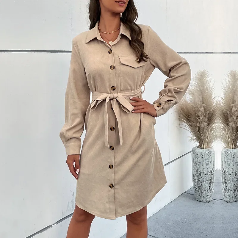 

Elegant Women's Dress New Fashion Casual Autumn and Winter 2024 Casual Long-sleeved Solid Color Corduroy Shirt Skirt