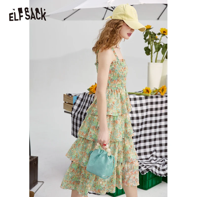 ELFSACK Fragmented floral camisole dress for women in spring/summer 2024, new collection waist, slim and petite holiday dress