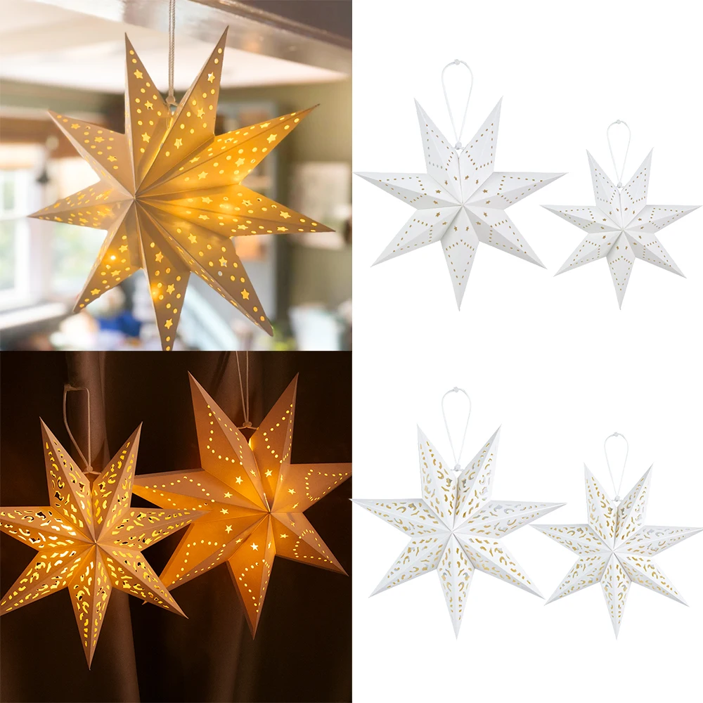 1pc White Hallow Out Star Hanging Decoration Eid Mubarak Home Window Grille LED Star Lights Paper Lantern Ramadan Kareem Decor