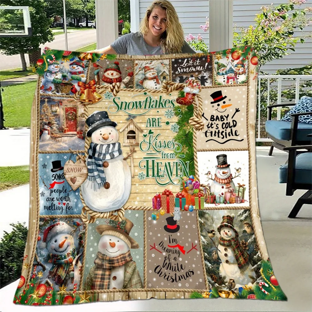 

1pc Marry Christmas Blanket Snowflake Lovely Snowman Printed Flannel Blanket for Home Living Room Decor New Year Christmas Gift