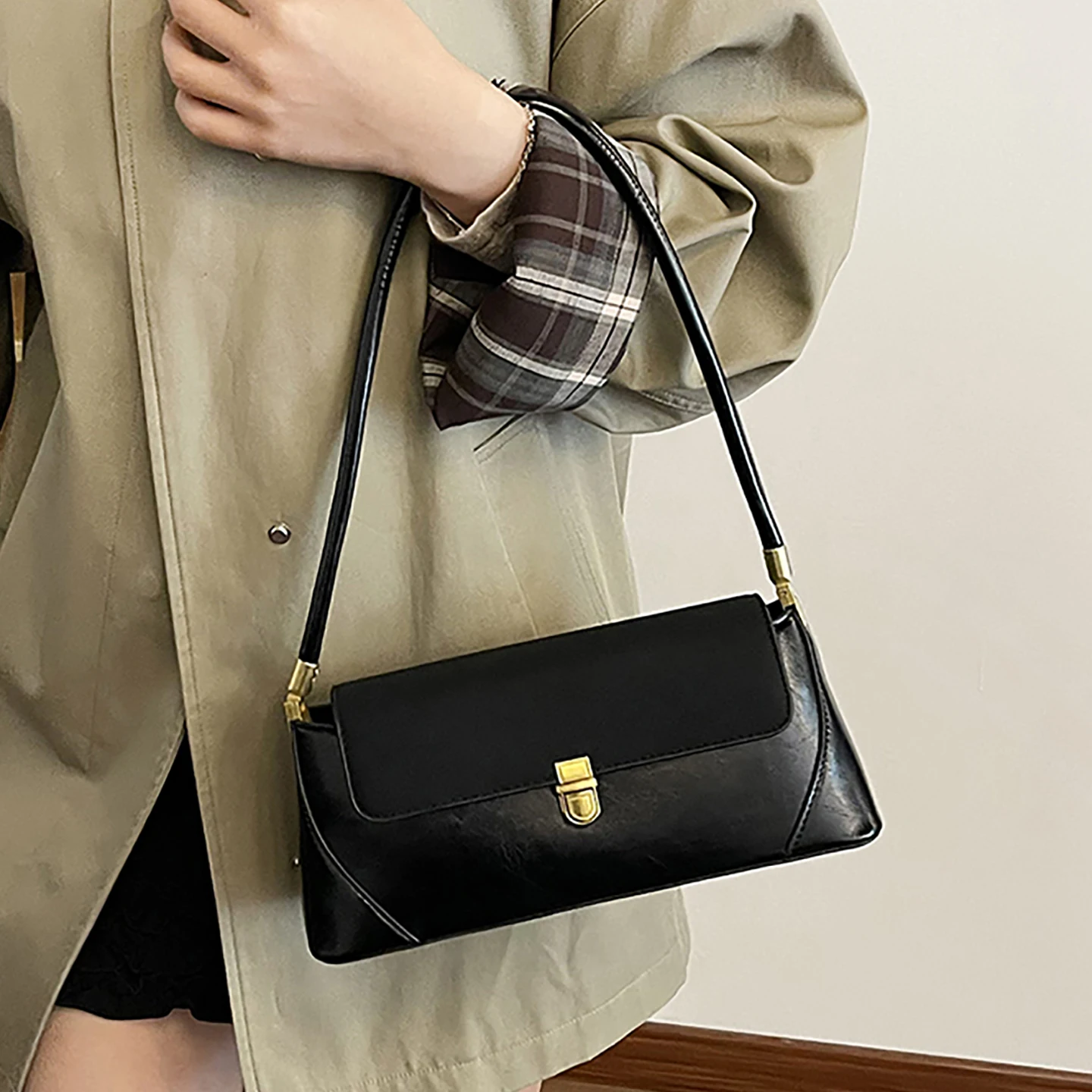 الفرنسية الرجعية حقيبة تحت الإبط للنساء الخريف/الشتاء موضة حقائب الحفلات متعددة الاستخدامات الصلبة بسيطة بولي PU حقائب كتف واحدة الاتجاه