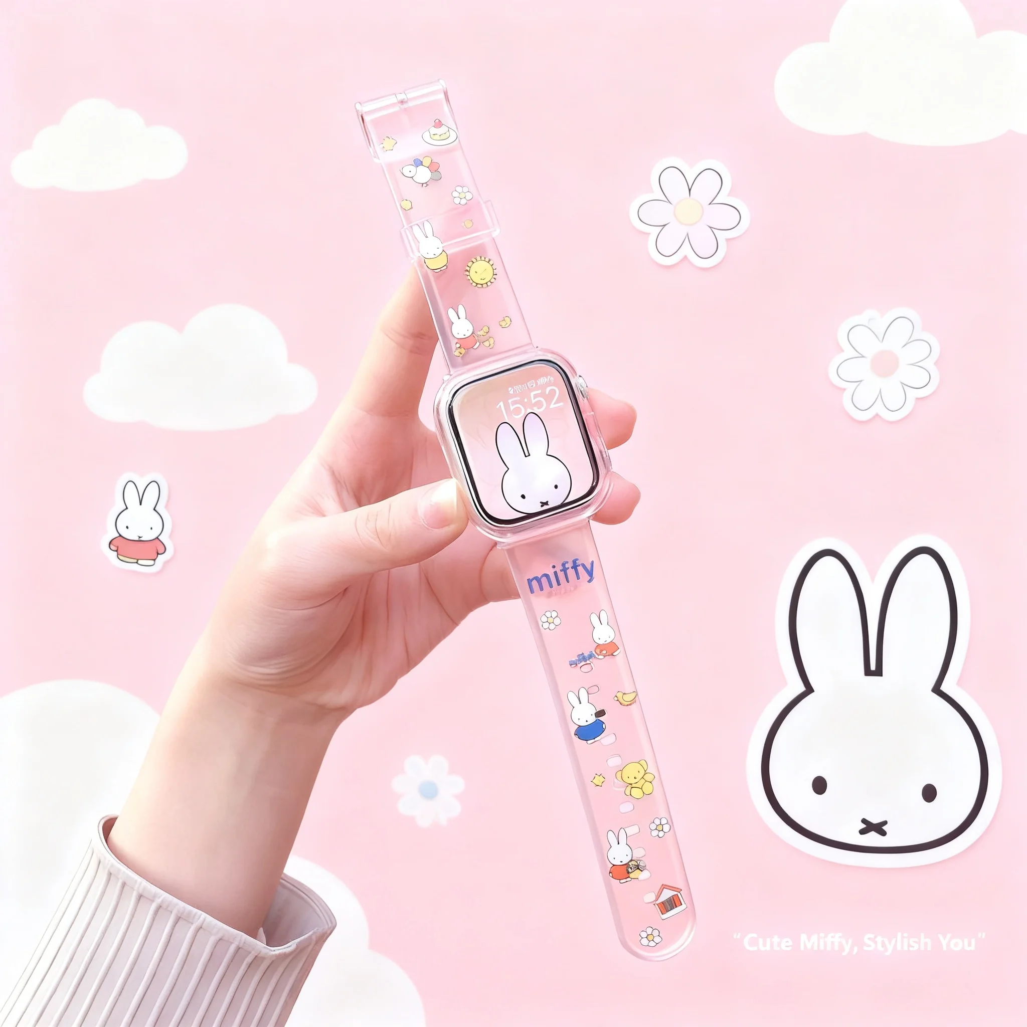 Miffy Apple Watch Case Cute Cartoon Rabbit Print Transparent Band Girl Summer Wrist Watch Festival Gift 9s 10