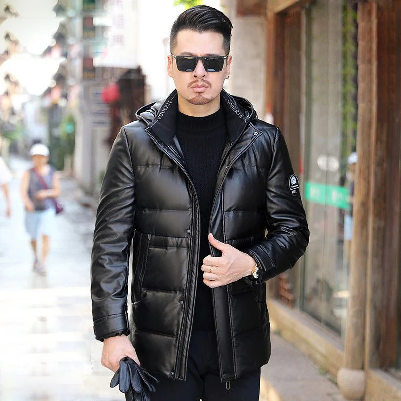 Winter Genuine Leather Coat Down Jacket For Men Mid To Long Sheepskin Coat Man Hooded Thick Soft Leather Duck Puffer Jacket Men