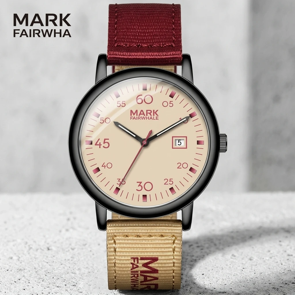 Mark Fairwhale Mens Wrist Watch Quartz Movement Round Dial Date Display Nylon Strap for Daily Outdoor