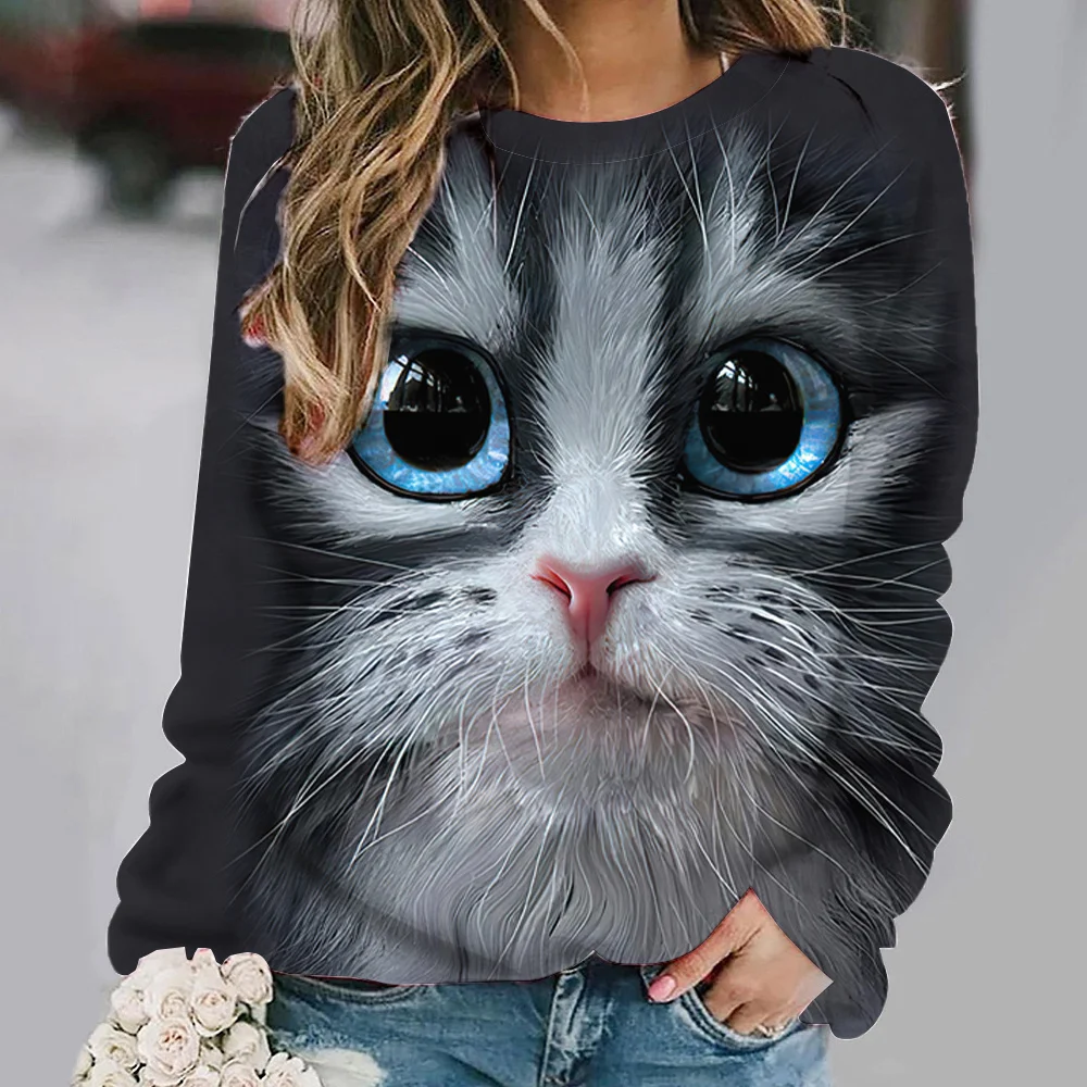 Cat Print maniche lunghe Tees Pullover Casual allentato Street abbigliamento femminile divertente carino top autunno/inverno cotone t-shirt da donna