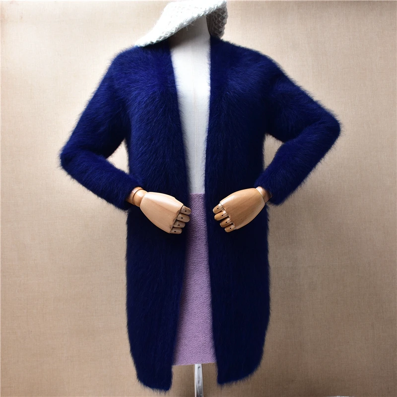 Ladies Women Fall Winter Clothing Blue Hairy Mink Cashmere Knitwear Inside Slim Long Sweater Cardigans Jacket Sweater Coat Pull