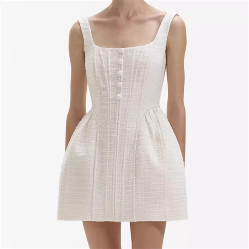 

Women's dress 2024 Autumn New Fashion Button Decorative Sleeveless Mini Dress Sexy backless suspender Short dresses Midi dresses