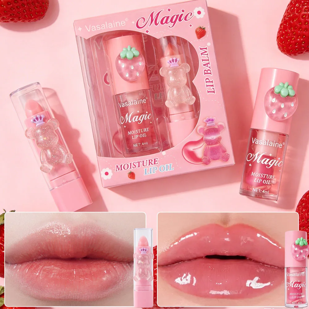 Magic Moisture Lip Oil & Lip Balm Set, Nourishing, Non-Sticky, Glossy Finish, Cute Bear & Strawberry Lip Products