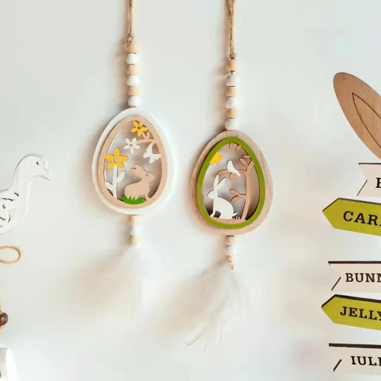 Creative Easter Wooden Pendant Bunny Egg Feather Tassel Hanging Ornament Home Decor