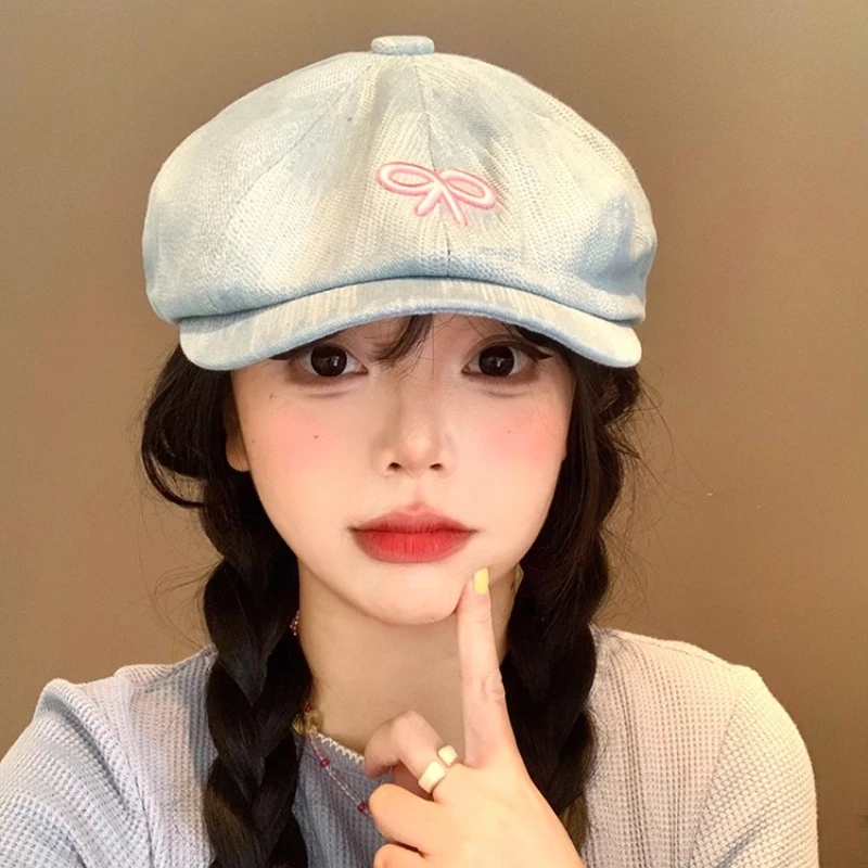 

Ins Sweet Bow Embroidered Denim Berets for Women Summer Autumn Travel Versatile Show Face Small Korean Casual Newsboy Hats