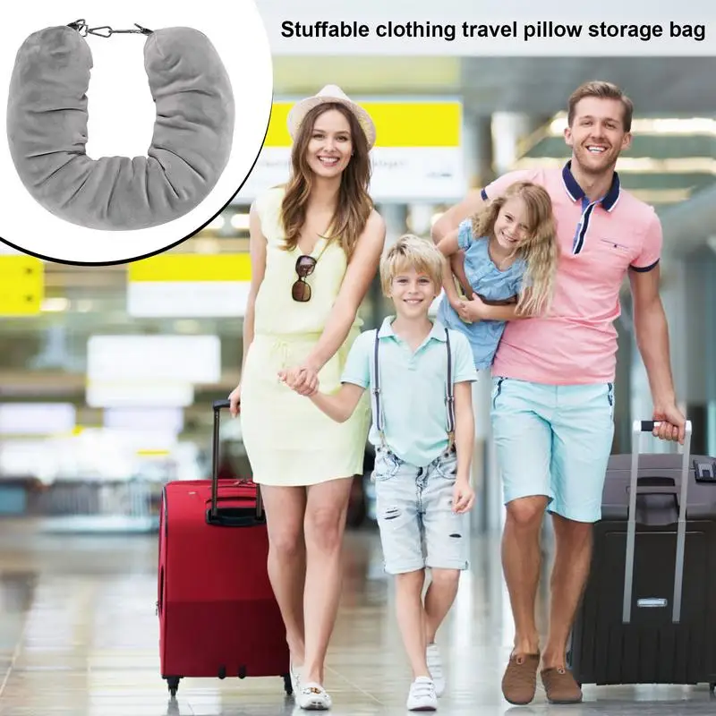 Travel Neck Pillow Storage Bag Soft Velvet Travel Pillowcase Stuffable Comfortable No Filler Portable Luggage Pillowcase Storage