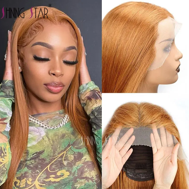 Wig depan renda pirang jahe untuk wanita 13x4 Wig depan renda rambut manusia berwarna Wig depan renda lurus Brasil telah ditanami