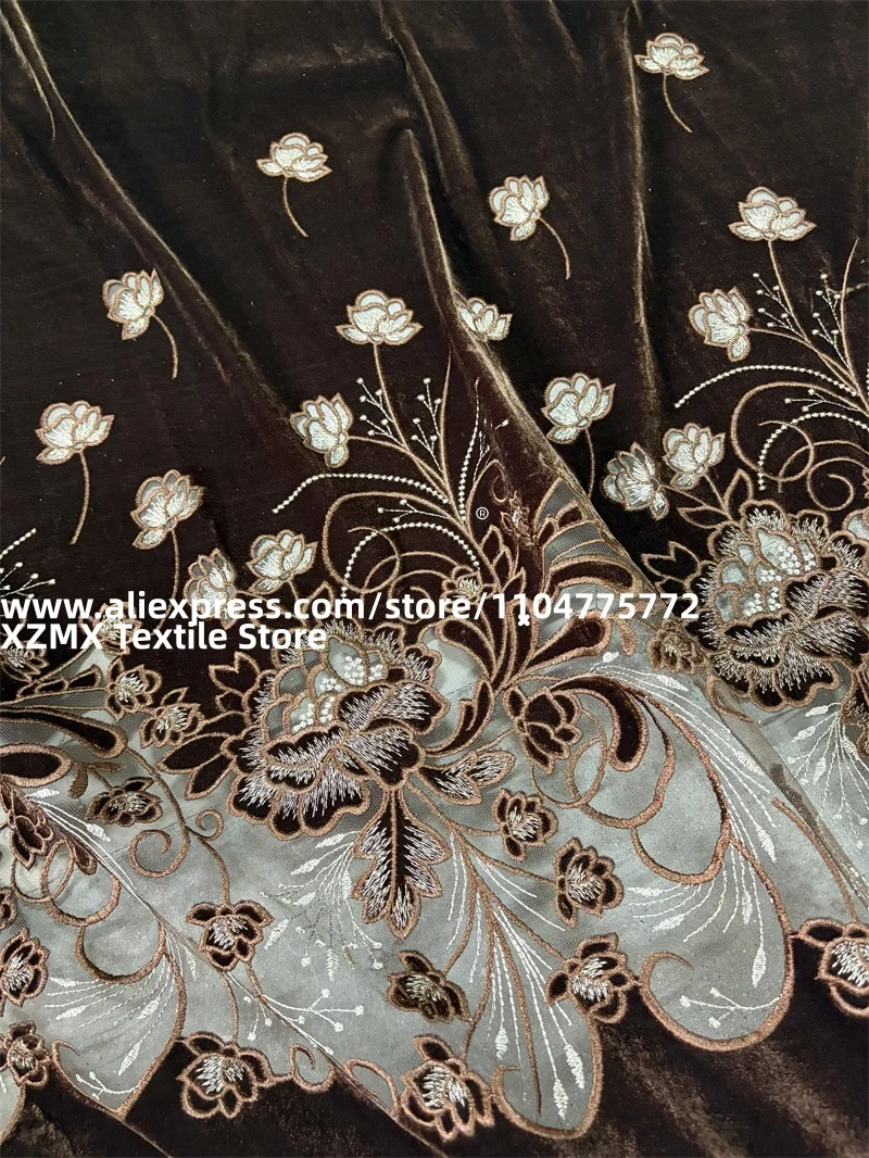 Velvet Base Single Side Position Laser Cutout Floral Embroidered Fabric Lace for Dress Garment & Home DIY Decoration