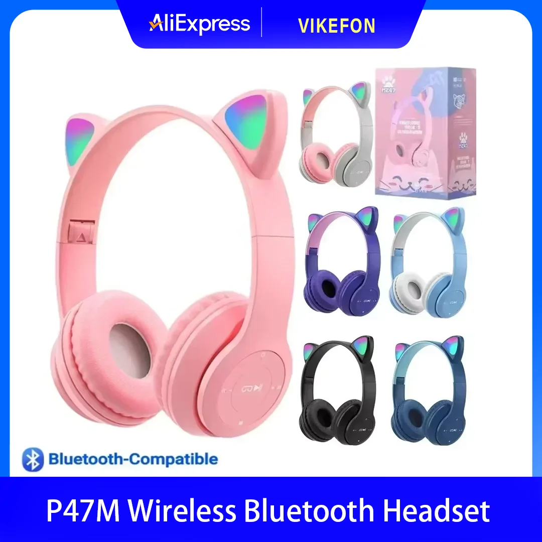 P47M Wireless Bluetooth Headset Gamer Cat LED Light Noise Cancelling Earbuds Wireless Headphones Bluetooth Earphones