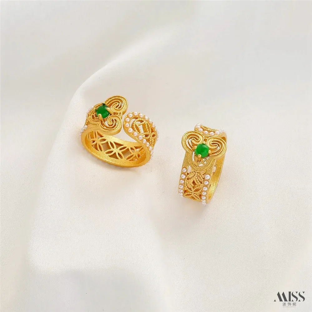 18K Sand Gold Filigree Fancy Hollow Ruyi Ring Inlaid with Imitation Jadeite Chalcedony Pearl Antique Live Ring