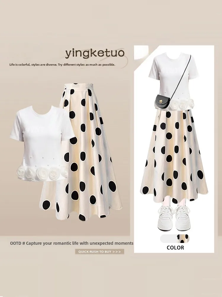 

Korean High-End Short-Sleeve T-Shirt Women's Fashion Summer Outfit with Polka Dot Half-Skirt Slimming Effect Shoulder Decoration