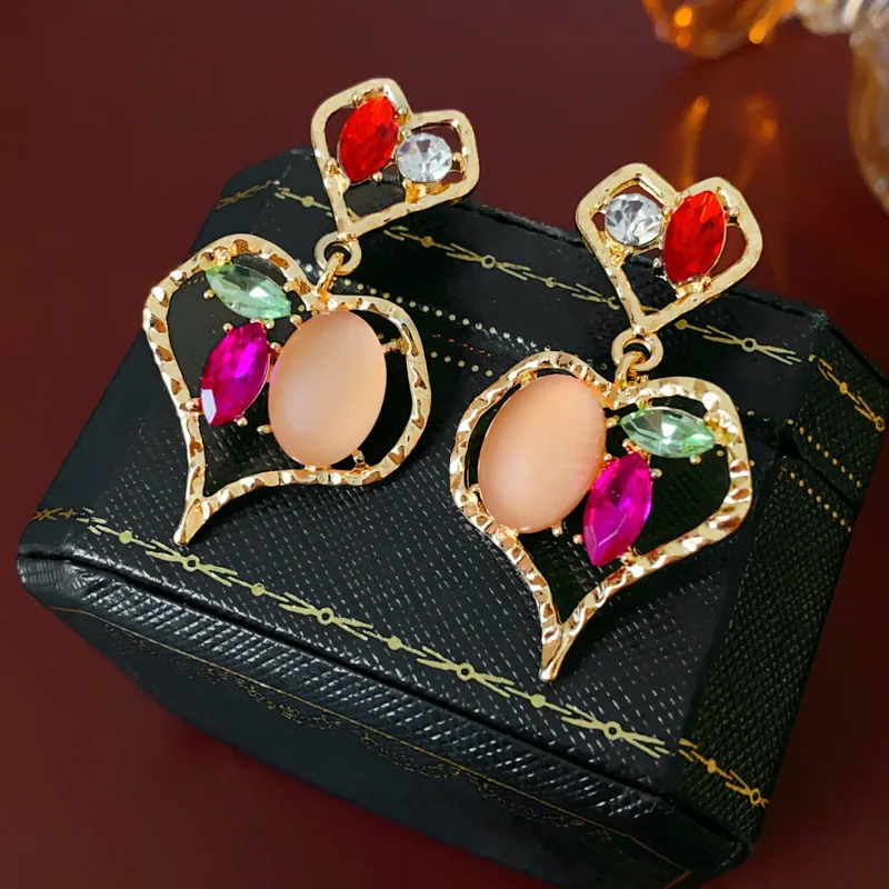 Heart Inlaid Rhinestone Earrings for Women Korean Girl Heart Drop High-grade Temperament Female Accessories Wedding Gifts