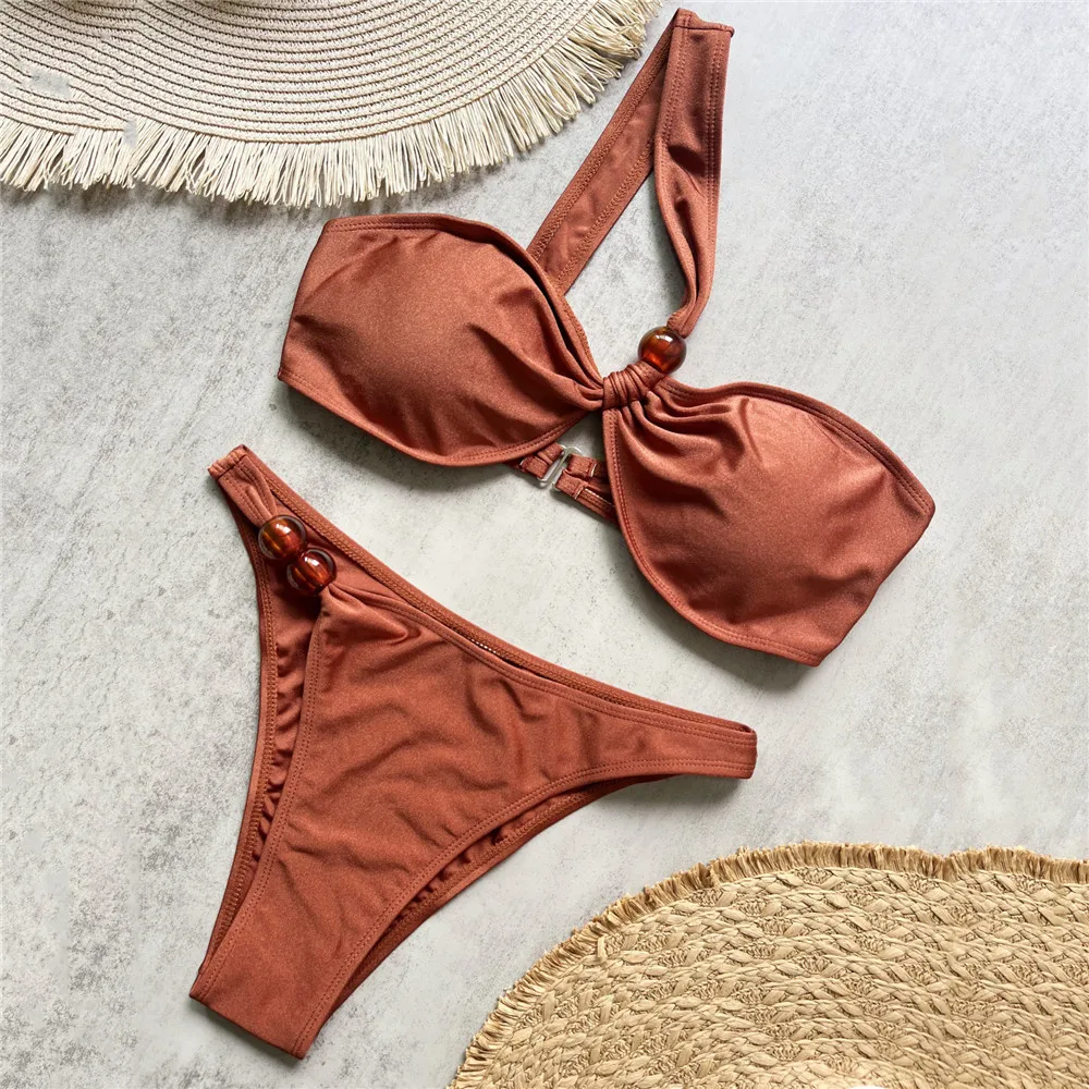 

NEW 2026 Bathers Brazilian Bikinis SeSolid Brown One Shoulder Swimwear Bead Bandeau Bikini Micro Mini Thong Sexy Swimsuit Women