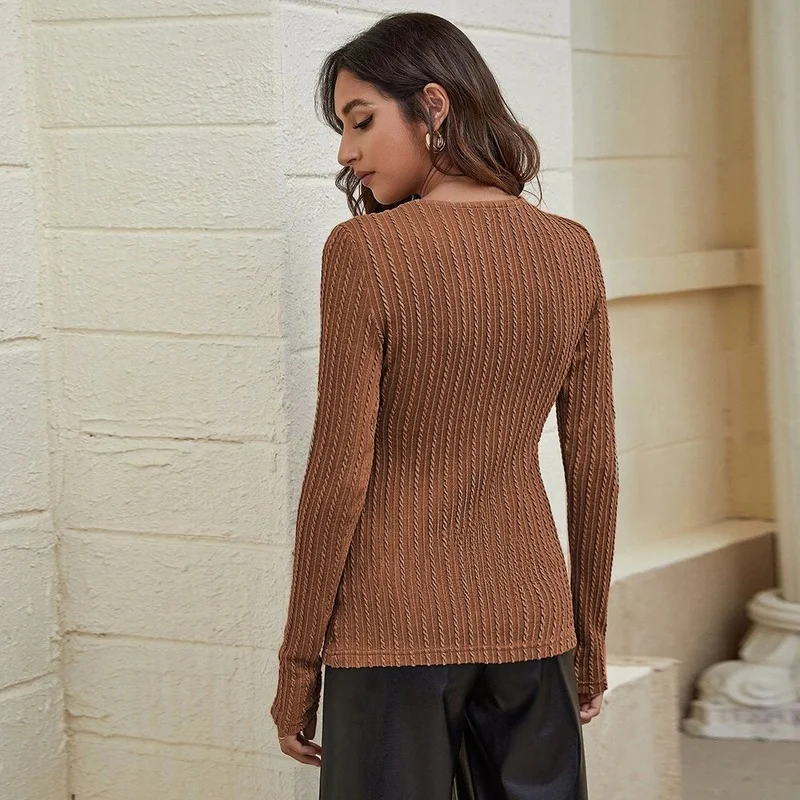 Women's Autumn V-neck Long Sleeve Slim Tops Retro Casual Women's Twist Knitted T-shirt Fashion Women's V-neck Lace-up Shirt
