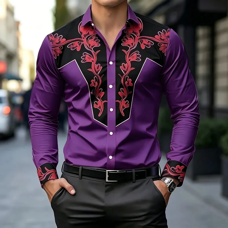 Men's Western-style slim-fit long-sleeved shirt with a printed drape, perfect for nightclub parties and trendy casual wear.
