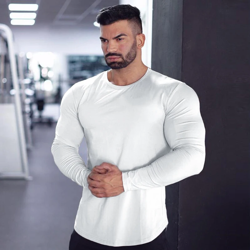 Plain Gym Fitness Bodybuilding Sport T-shirts Mens Casual Long Sleeve Cotton Shirts Cotton Breathable Workout Autumn Clothing image 2
