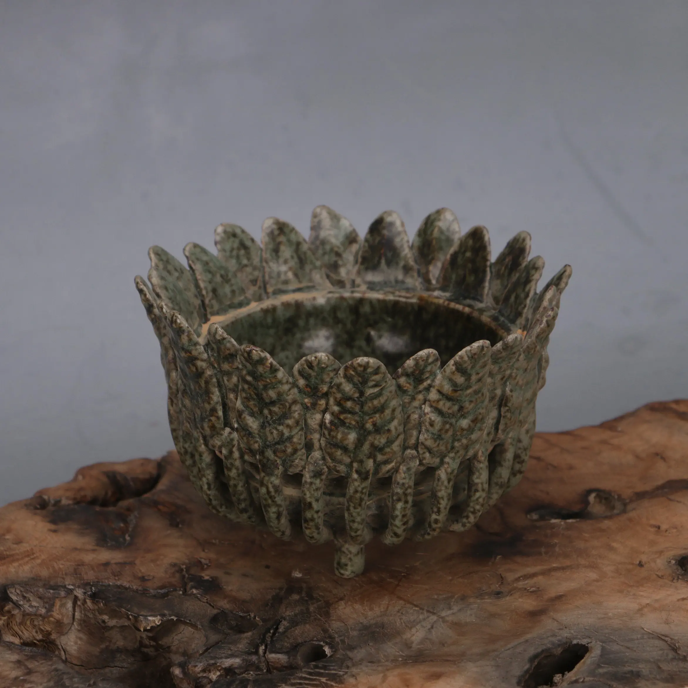 Chinese Antique Northern Song Style Bazhou Kiln Hand Pinched Leaf Pattern Incense Burner Oil Lamp Decor