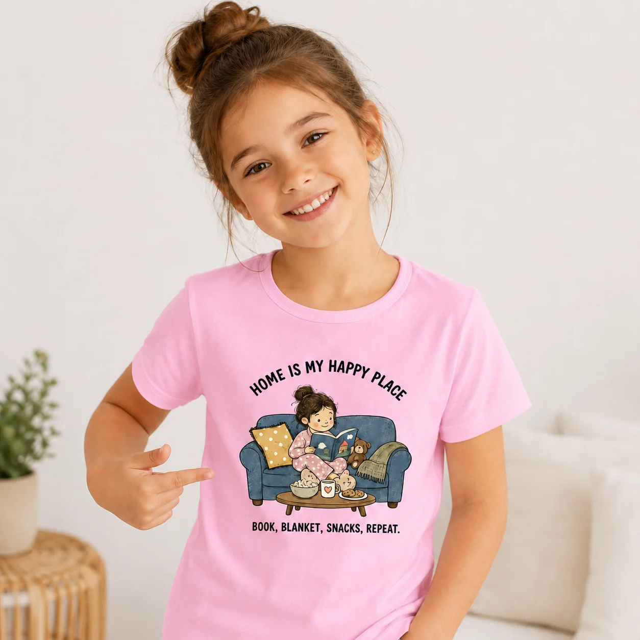 Kids Cute Reading Girl Print T Shirt Home Is My Happy Place Letter Graphic Tees Girls Casual Short Sleeve Cotton T-shirt Childre