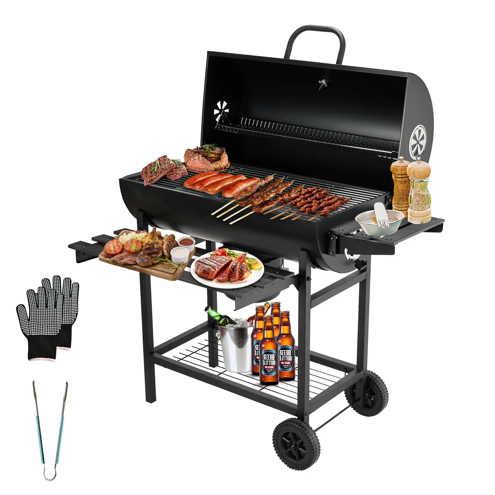 TEENO Holzkohlegrill|Grillwagen|Holzkohlegrill mit Deckel|Mit Thermometer …