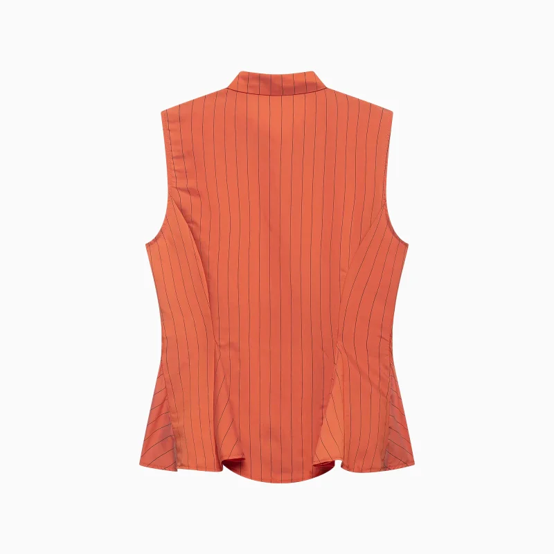 Women's 2026 New Orange Vertical Stripe Peplum Top Sleeveless Collared Button Front Summer Elegant Casual Blouse Matched