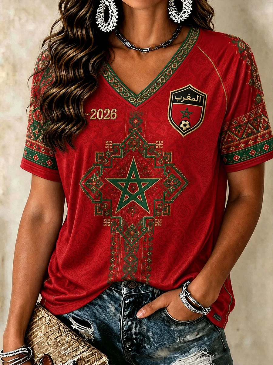 2026 New Moroccan National Trend Design Football Jersey for Fans, Quick Drying Casual Sports Women's T-shirt Competition
