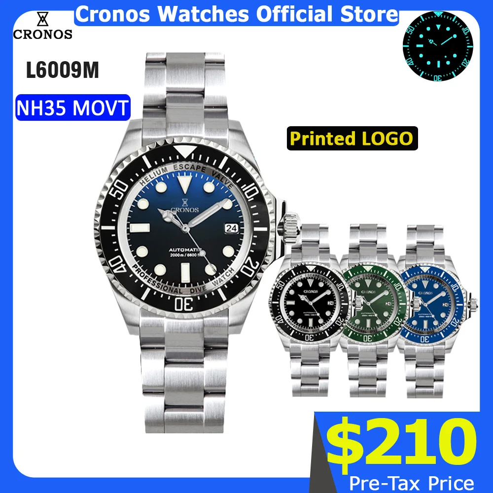 

Автоматические часы для дайвинга Cronos, нержавеющая сталь, 2000 метров, водонепроницаемость, профессиональный дайвер, NH35 L6009M