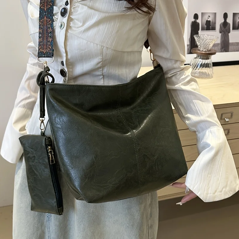 مجموعة حقائب حمل دلو نسائية من مادة البولي يوريثان الرجعية، حزام عريض قابل للتعديل للاحتياجات اليومية مع بطانة بوليستر عصرية للإغلاق بسحاب