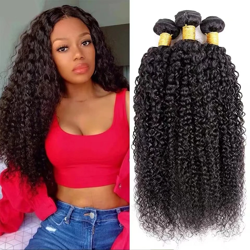 YIJIMEI 30 32 Inch Human Hair Weave Natural Color Brazilian Kinky Curly Bundles 1 3 4 Bundles Jerry Curly Human Hair Extensions