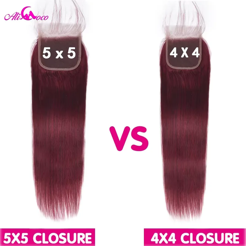 Mèches brésiliennes naturelles Remy lisses bordeaux foncé-Ali Coco, 99j, 5x5, avec closure