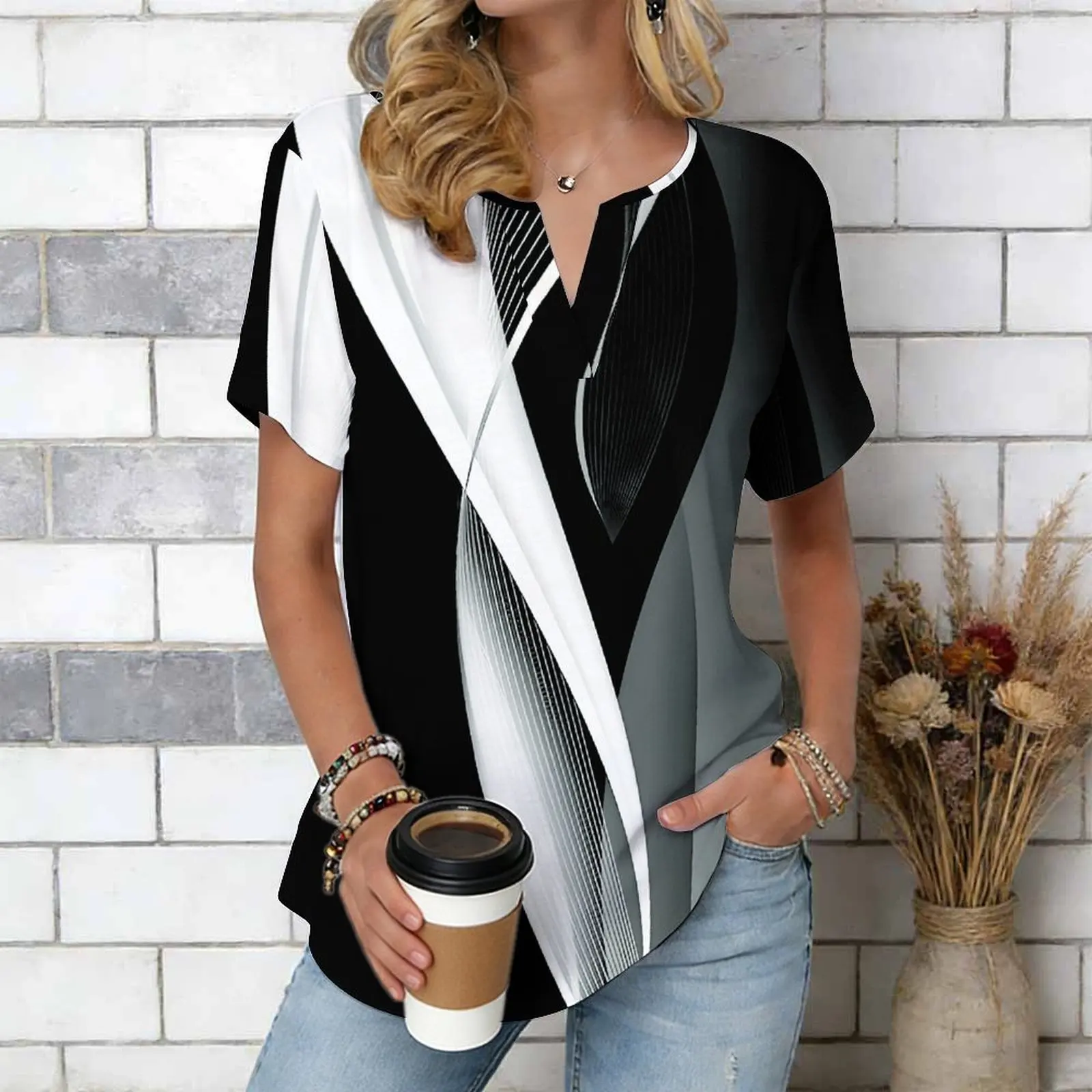 Women Print Notched V Neck Short Sleeve Casual Loose Tunic Tops