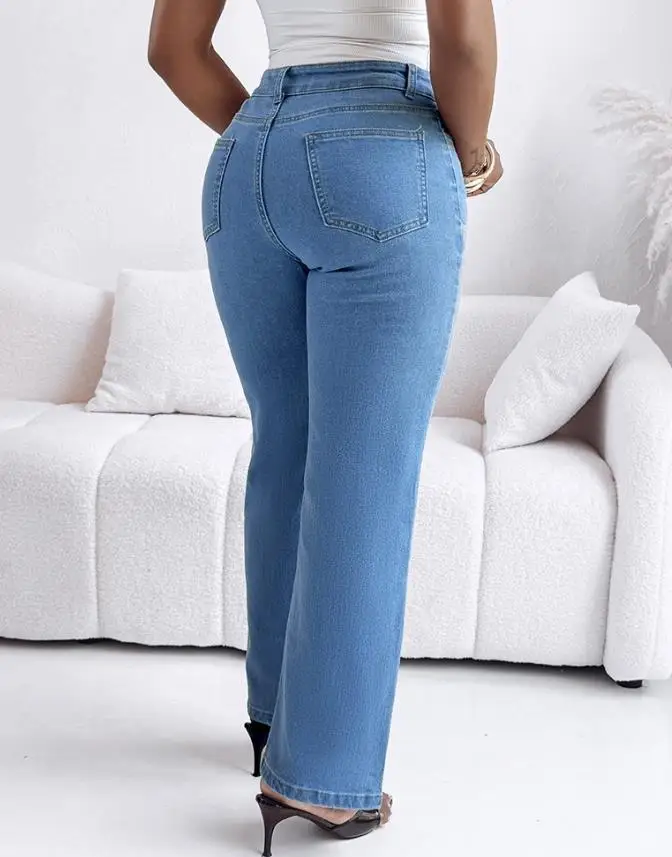 Women Jeans Personalized Street Style Fashion Seam Front High Wait Straight Leg Denim Pants Casual Zipper Fly Jeans with Pockets