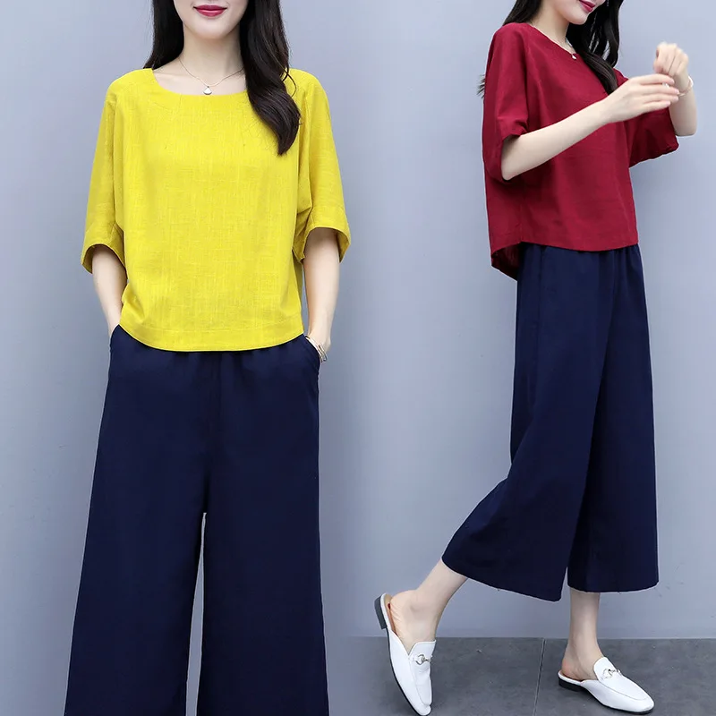 Ensemble 2 pièces en coton et lin pour femme, haut uni et pantalon large, tenue décontractée, nouvelle collection été 2024